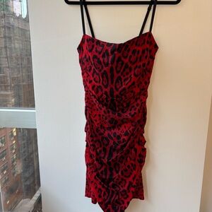 Vintage Dolce + Gabbana 2000s Silk Red Leopard Print Fitted Ruched Mini Dress